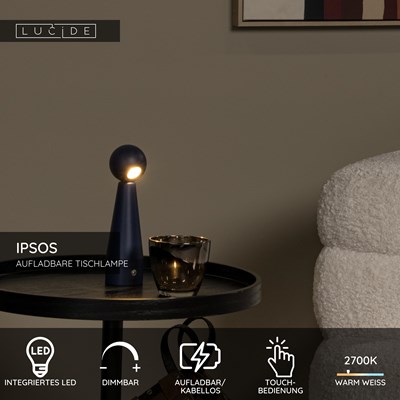 Lucide IPSOS - wiederaufladbare Tischlampe - Akku/Batterie - LED Dim. - 1x3W 2700K - Blau